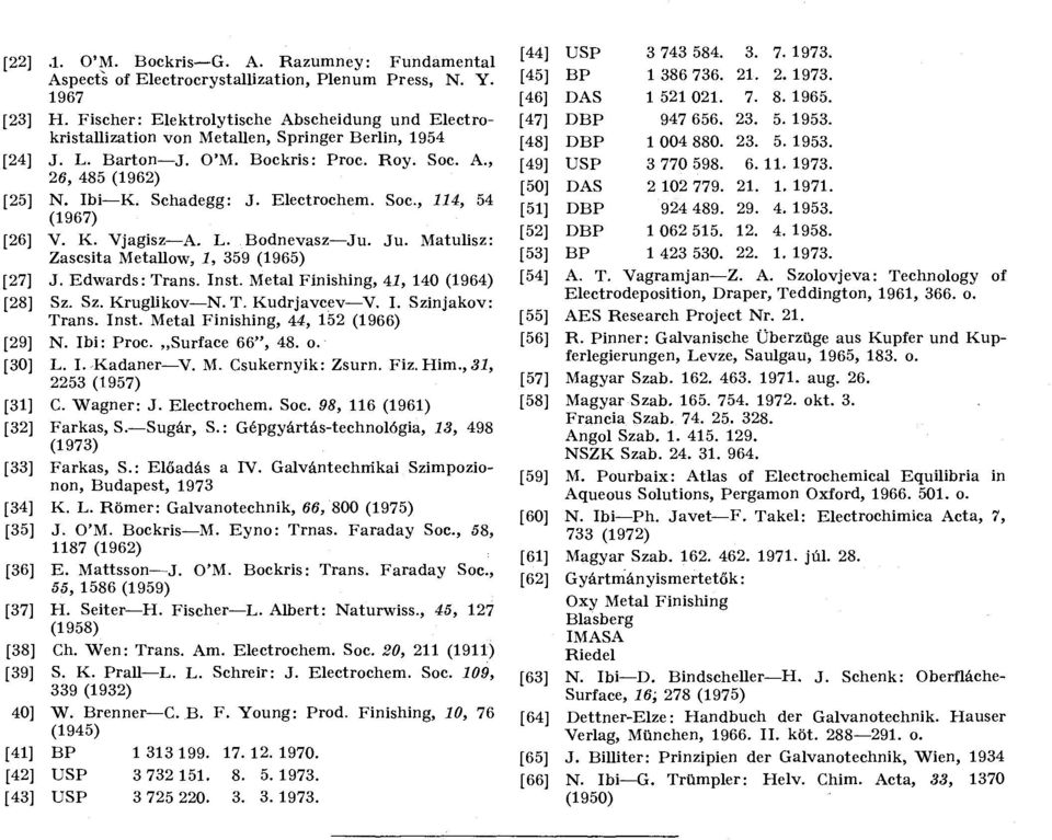 Electrochem. Soc., 114, 54 (1967) [26] V. K. Vjagisz A. L. Bodnevasz Ju. Ju. Matulisz: Zascsita Metallow, 1, 59 (1965) [27] J. Edwards: Trans. Inst. Metál Fínishing, 41, 140 (1964) [28] Sz.