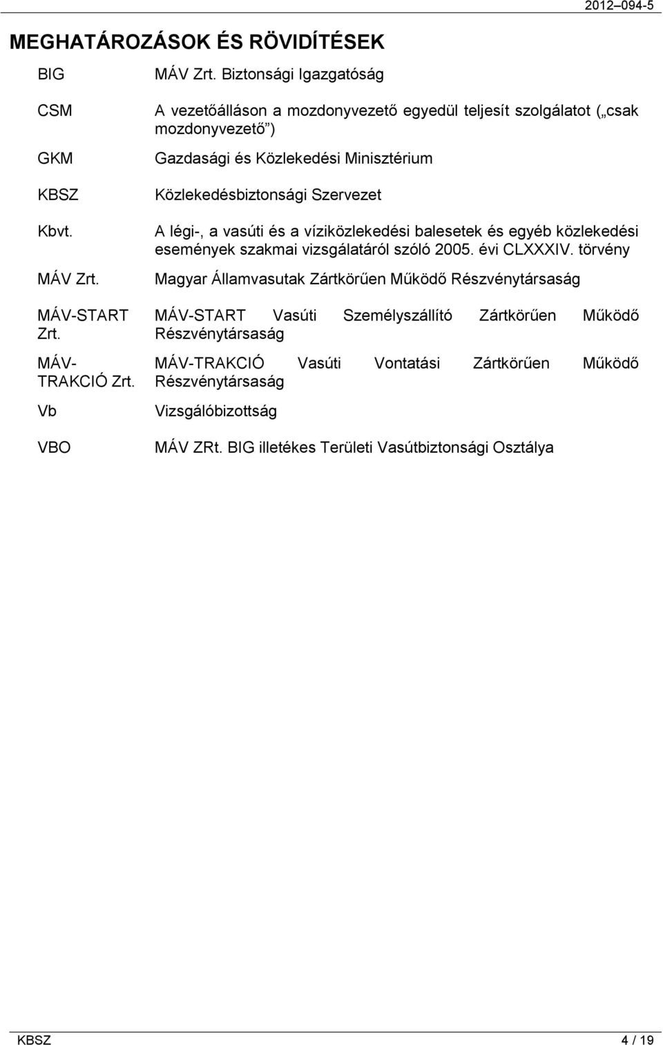 Szervezet A légi-, a vasúti és a víziközlekedési balesetek és egyéb közlekedési események szakmai vizsgálatáról szóló 2005. évi CLXXXIV.