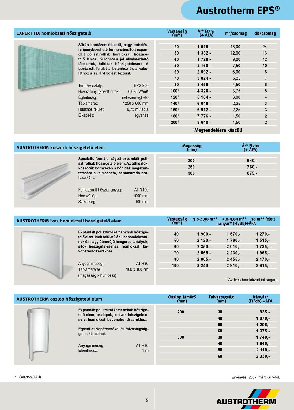 (közölt érték): 0,035 W/mK 1250 x 600 mm Hasznos felület: 0,75 m 2 /tábla Élképzés: egyenes 20 1 015,- 18,00 24 30 1 332,- 12,00 16 40 1 728,- 9,00 12 50 2 160,- 7,50 10 60 2 592,- 6,00 8 70 3 024,-