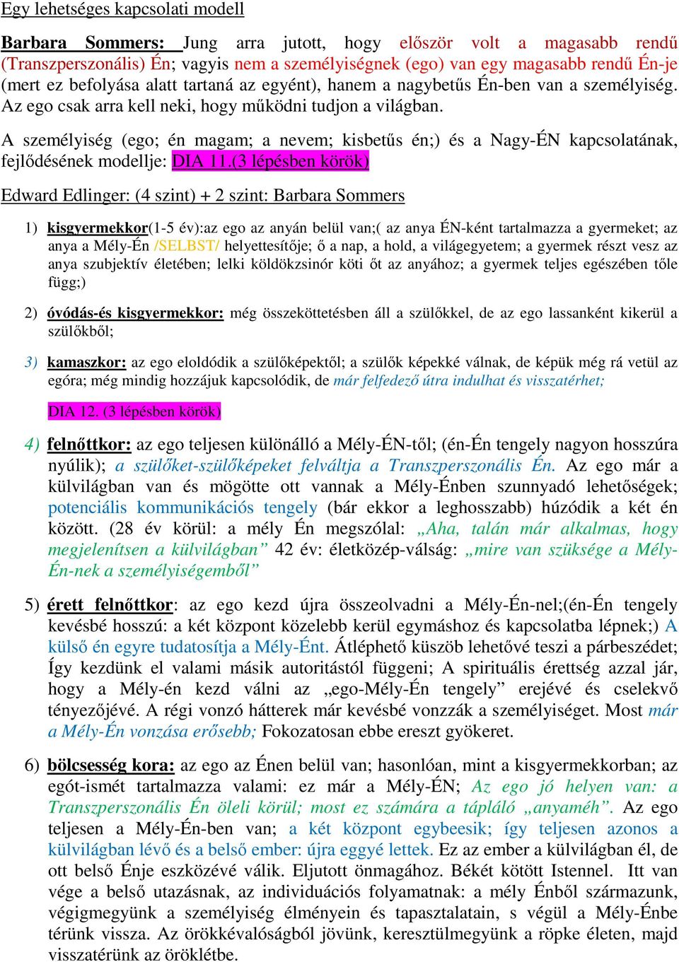 A személyiség (ego; én magam; a nevem; kisbetűs én;) és a Nagy-ÉN kapcsolatának, fejlődésének modellje: DIA 11.