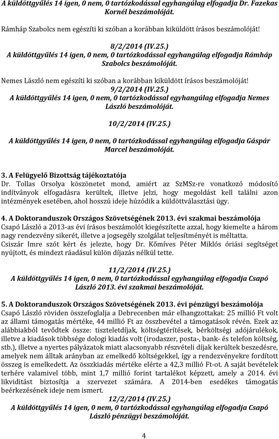 10/2/2014 (IV.25.) A küldöttgyűlés 14 igen, 0 nem, 0 tartózkodással egyhangúlag elfogadja Gáspár Marcel beszámolóját. 3. A Felügyelő Bizottság tájékoztatója Dr.