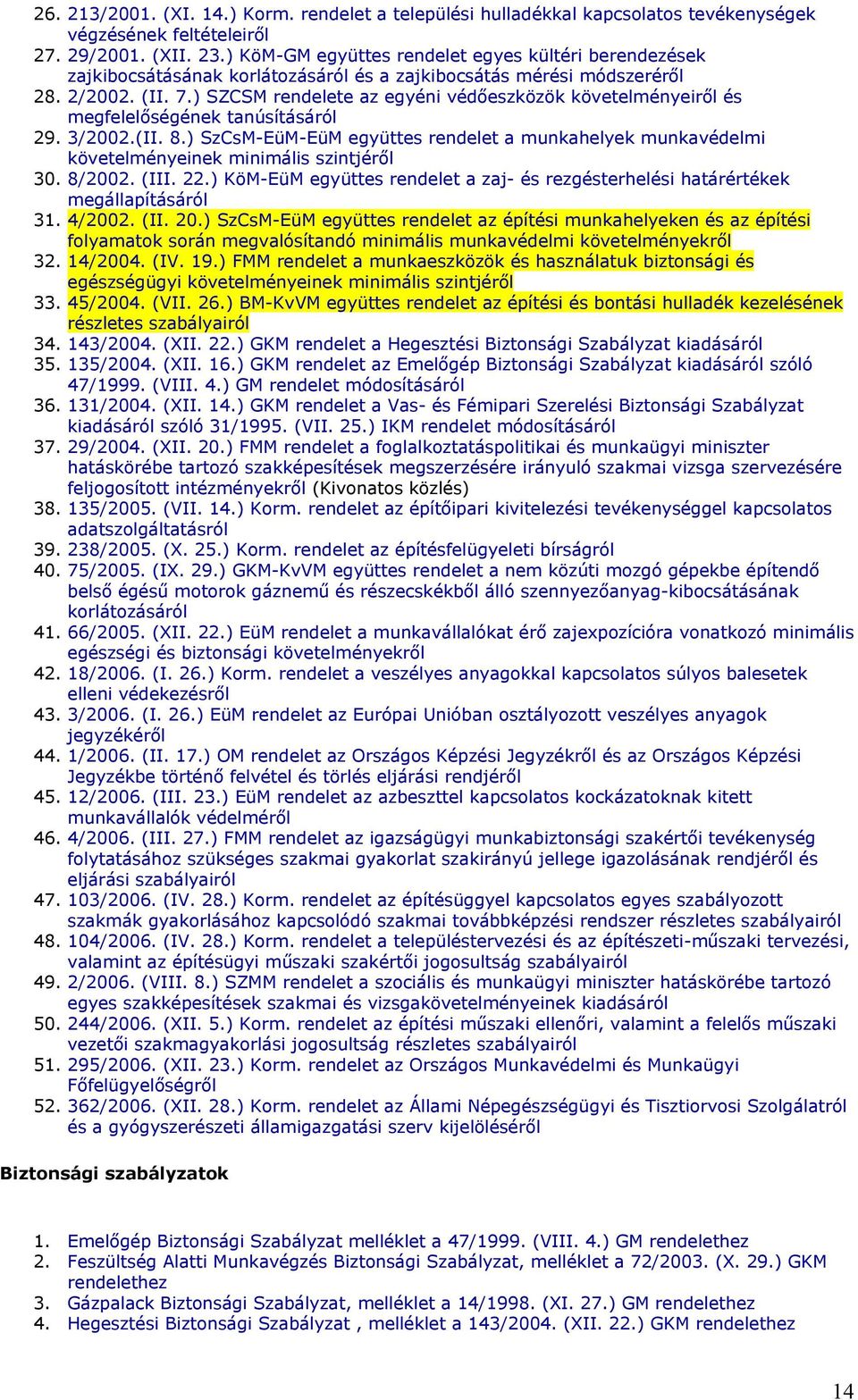 ) SZCSM rendelete az egyéni védőeszközök ről és megfelelőségének tanúsításáról 29. 3/2002.(II. 8.) SzCsM-EüM-EüM együttes rendelet a munkahelyek munkavédelmi nek minimális szintjéről 30. 8/2002. (III.