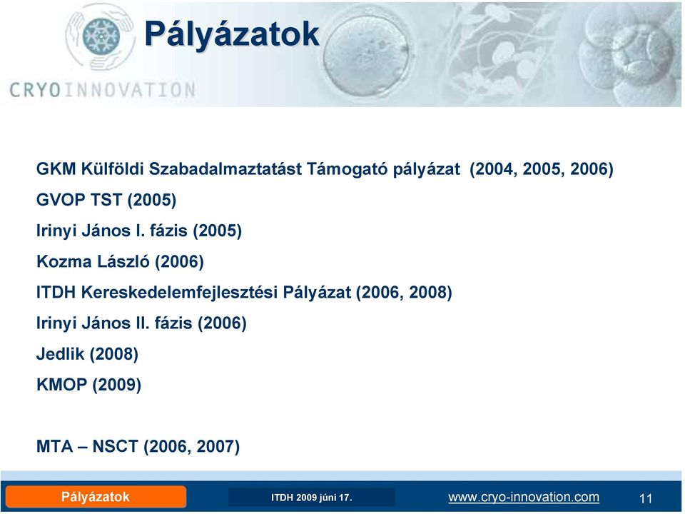 fázis (2005) Kozma László (2006) ITDH Kereskedelemfejlesztési Pályázat (2006, 2008)
