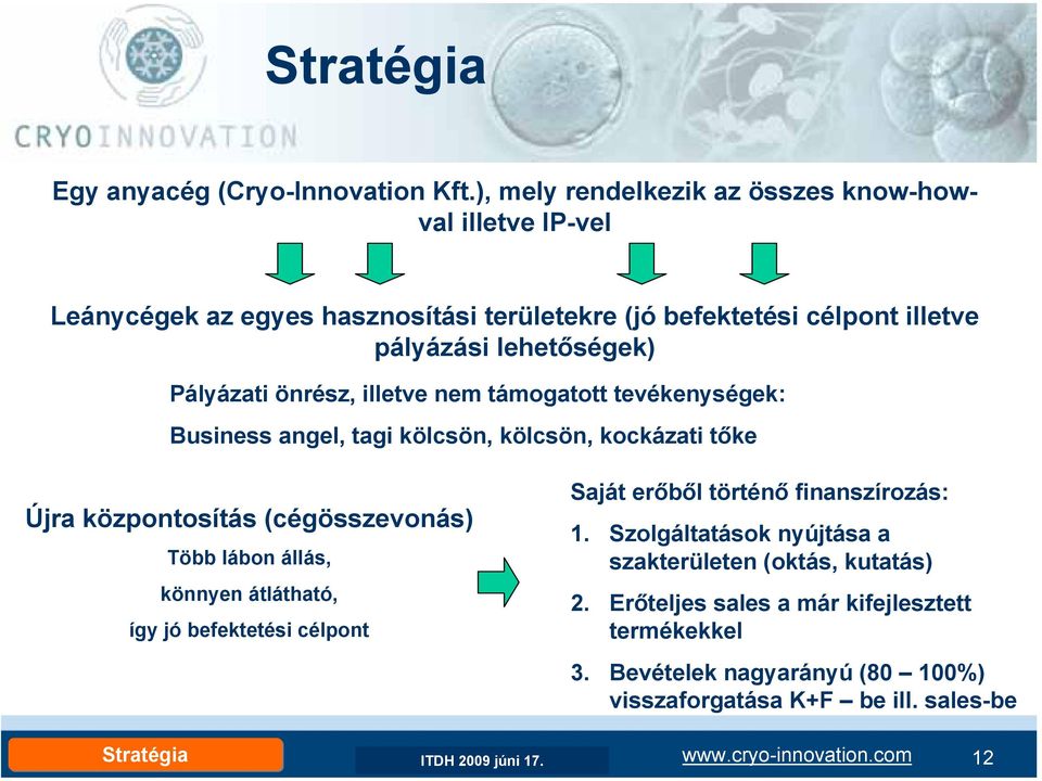 illetve nem támogatott tevékenységek: Business angel, tagi kölcsön, kölcsön, kockázati tőke Újra központosítás (cégösszevonás) Több lábon állás, könnyen átlátható, így jó