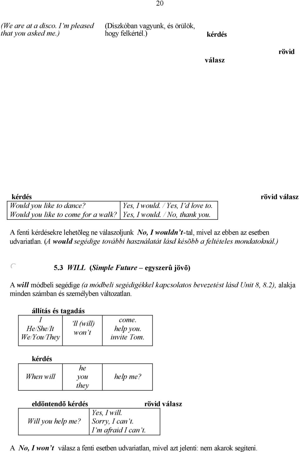 (A woud segédige további hasznáatát ásd késõbb a fetétees mondatokná.) 5.3 WILL (Simpe Future egyszerû jövõ) A wi módbei segédige (a módbei segédigékke kapcsoatos bevezetést ásd Unit 8, 8.