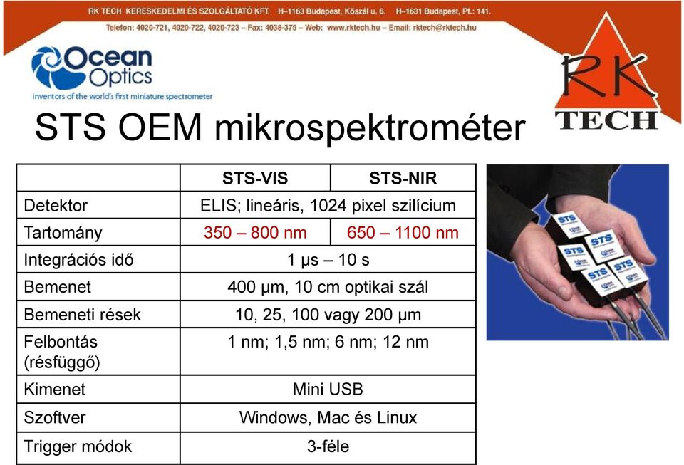 µm, 10 cm optikai szál Bemeneti rések 10, 25, 100 vagy 200 µm Felbontás (résfüggő)