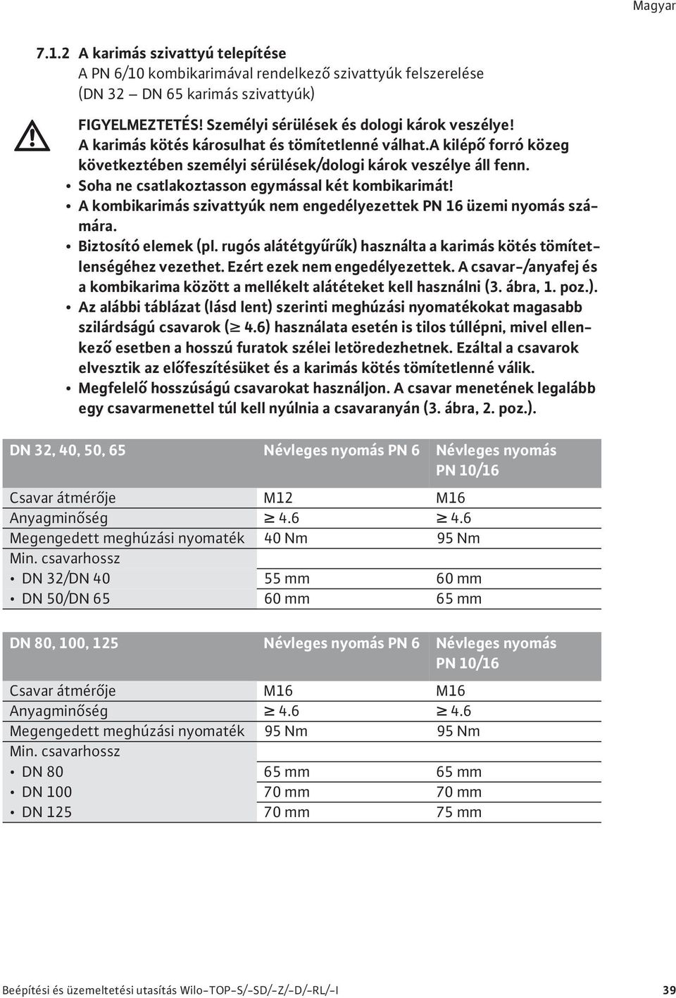 A kombikarimás szivattyúk nem engedélyezettek PN 16 üzemi nyomás számára. Biztosító elemek (pl. rugós alátétgy r k) használta a karimás kötés tömítetlenségéhez vezethet.