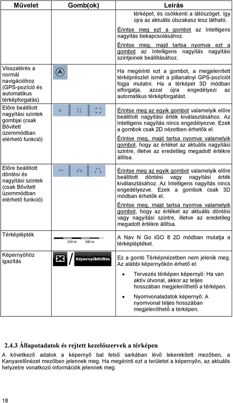 nagyítási szintek (csak Bővített üzemmódban elérhető funkció) Térképlépték Érintse meg ezt a gombot az Intelligens nagyítás bekapcsolásához.