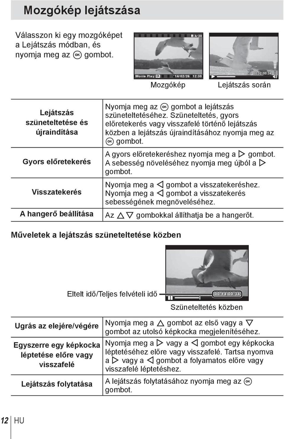 lejátszás szüneteltetéséhez. Szüneteltetés, gyors előretekerés vagy visszafelé történő lejátszás közben a lejátszás újraindításához nyomja meg az A gombot.