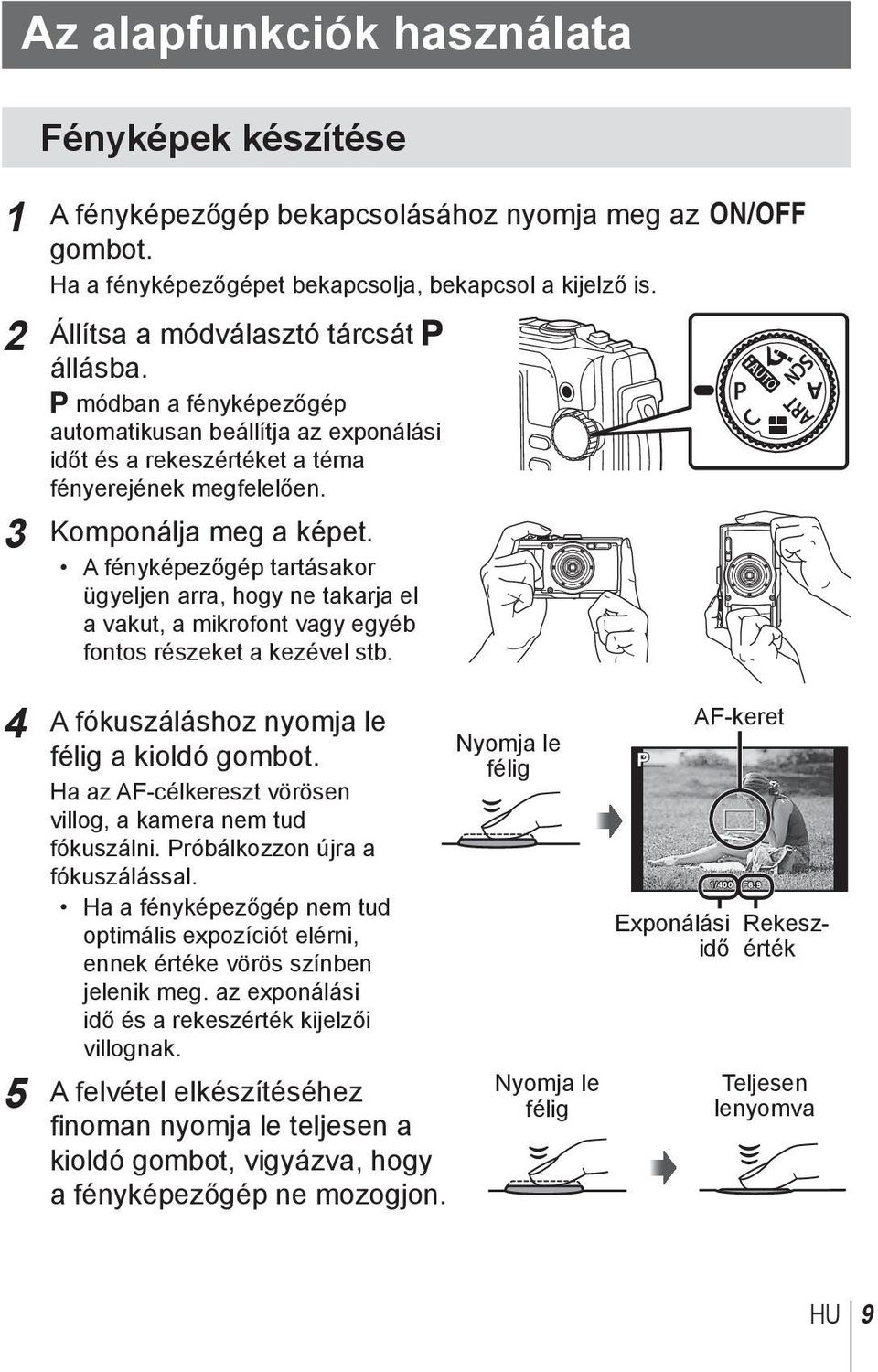 A fényképezőgép tartásakor ügyeljen arra, hogy ne takarja el a vakut, a mikrofont vagy egyéb fontos részeket a kezével stb. 4 A fókuszáláshoz nyomja le félig a kioldó gombot.