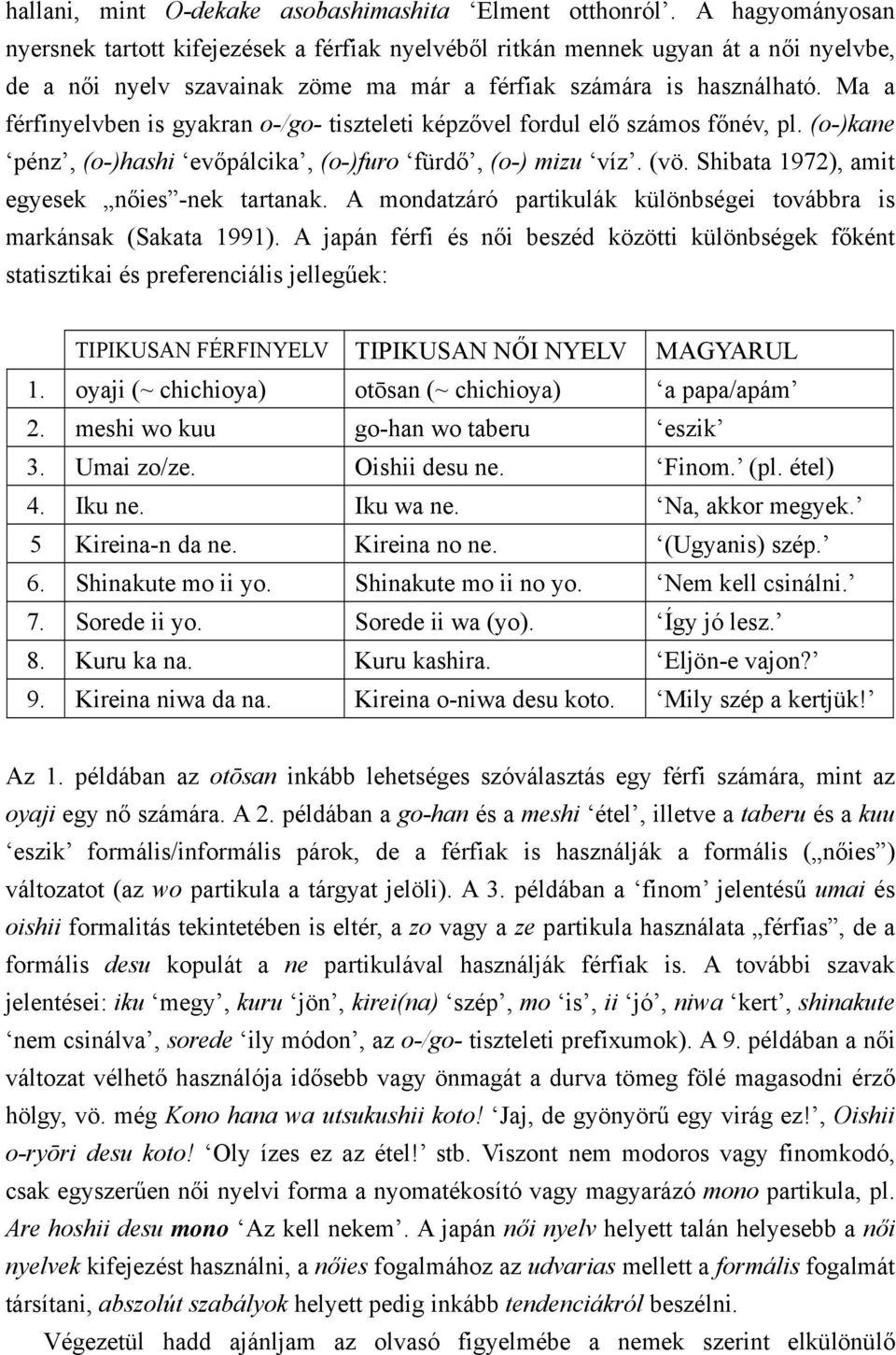 Ma a férfinyelvben is gyakran o-/go- tiszteleti képzővel fordul elő számos főnév, pl. (o-)kane pénz, (o-)hashi evőpálcika, (o-)furo fürdő, (o-) mizu víz. (vö.