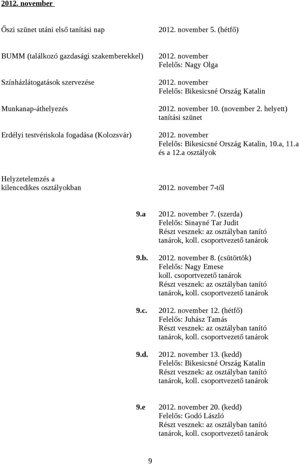 november Felelős: Bikesicsné Ország Katalin 2012. november 10. (november 2. helyett) tanítási szünet 2012. november Felelős: Bikesicsné Ország Katalin, 10.a, 11.a és a 12.