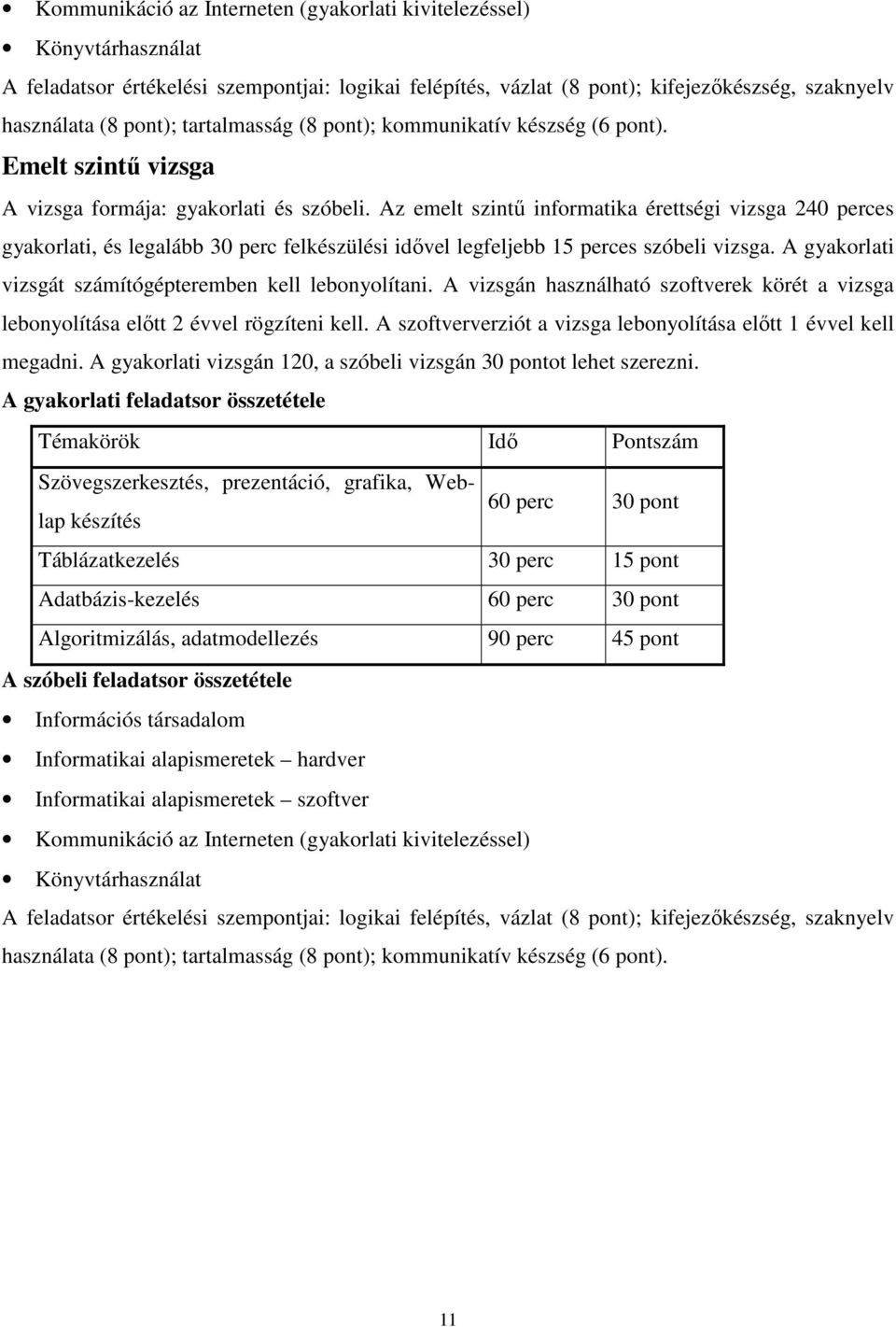 Az emelt szintő informatika érettségi vizsga 240 perces gyakorlati, és legalább 30 perc felkészülési idıvel legfeljebb 15 perces szóbeli vizsga.