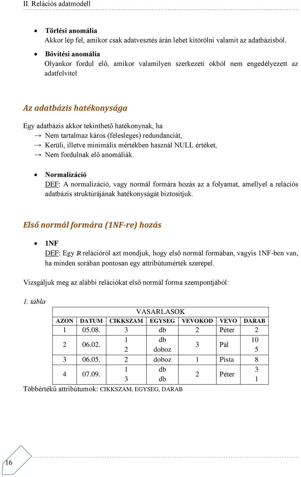 káros (felesleges) redundanciát, Kerüli, illetve minimális mértékben használ NULL értéket, Nem fordulnak elő anomáliák.