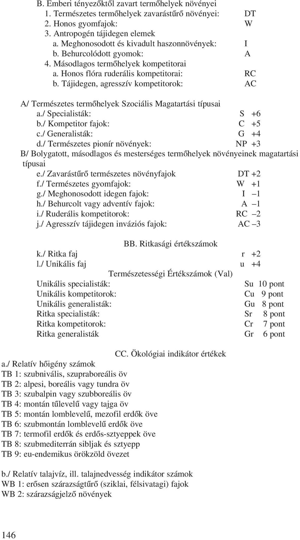 Tájidegen, agresszív kompetitorok: AC A/ Természetes termõhelyek Szociális Magatartási típusai a./ Specialisták: S +6 b./ Kompetitor fajok: C +5 c./ Generalisták: G +4 d.