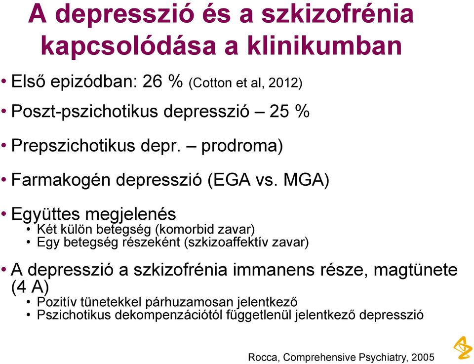 MGA) Együttes megjelenés Két külön betegség (komorbid zavar) Egy betegség részeként (szkizoaffektív zavar) A depresszió a
