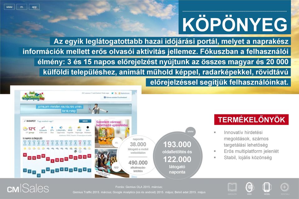 előrejelzéssel segítjük felhasználóinkat. m. app 38.000 látogató a mobil weboldalon 490.000 alkalmazásletöltés www 193.000 oldalletöltés és 122.