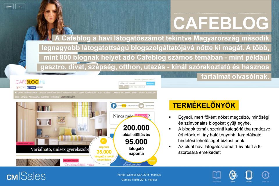 000 látogató a mobil weboldalon 200.000 oldalletöltés és 95.000 látogató www Egyedi, mert főként nőket megcélzó, minőségi és színvonalas blogokat gyűjt egybe.