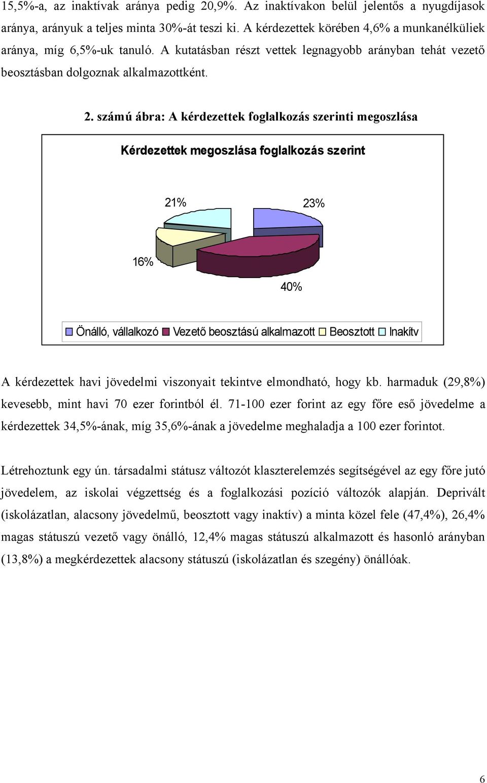 számú ábra: A kérdezettek foglalkozás szerinti megoszlása Kérdezettek megoszlása foglalkozás szerint 21% 23% 16% 40% Önálló, vállalkozó Vezető beosztású alkalmazott Beosztott Inakítv A kérdezettek