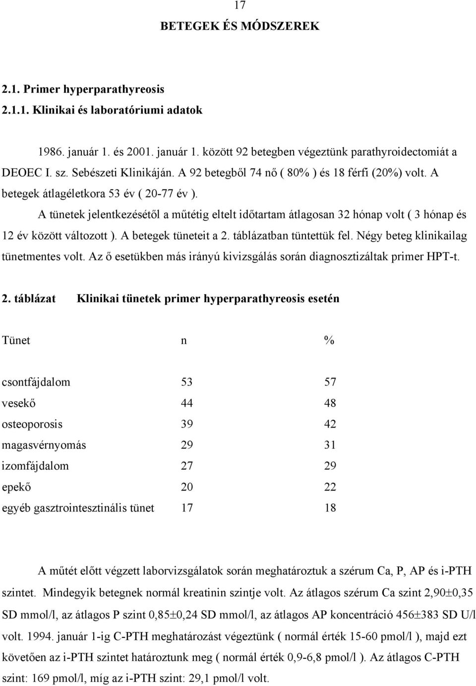 A tünetek jelentkezését l a m tétig eltelt id tartam átlagosan 32 hónap volt ( 3 hónap és 12 év között változott ). A betegek tüneteit a 2. táblázatban tüntettük fel.