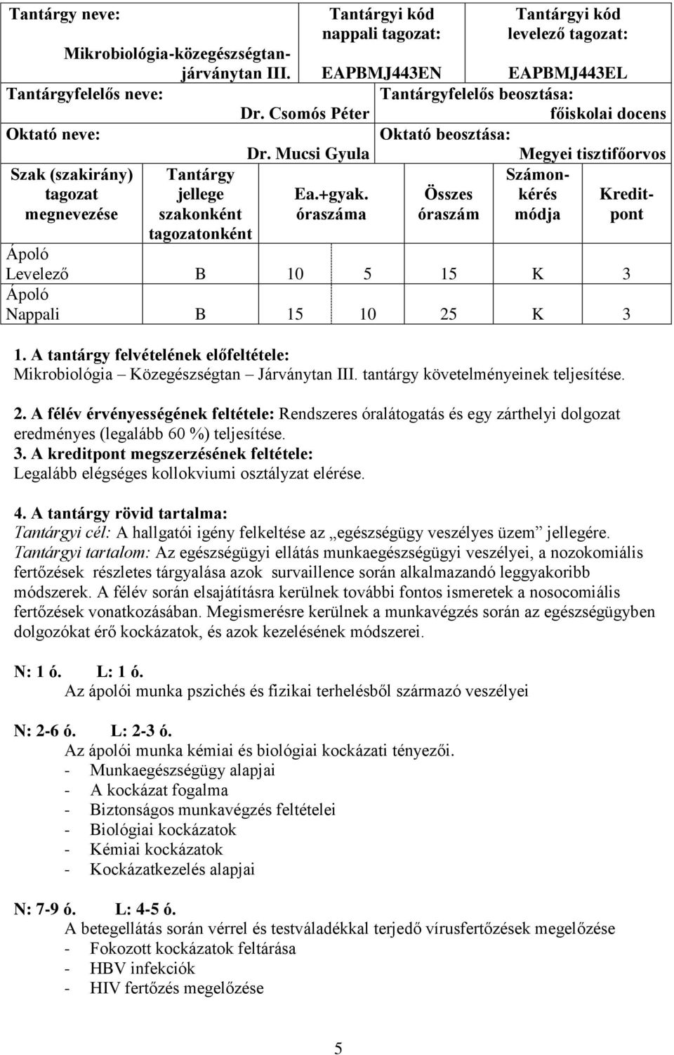 óraszáma Összes óraszám Számonkérés módja Kreditpont Tantárgy jellege szakonként tagozatonként Levelező B 10 5 15 K 3 Nappali B 15 10 25 K 3 1.