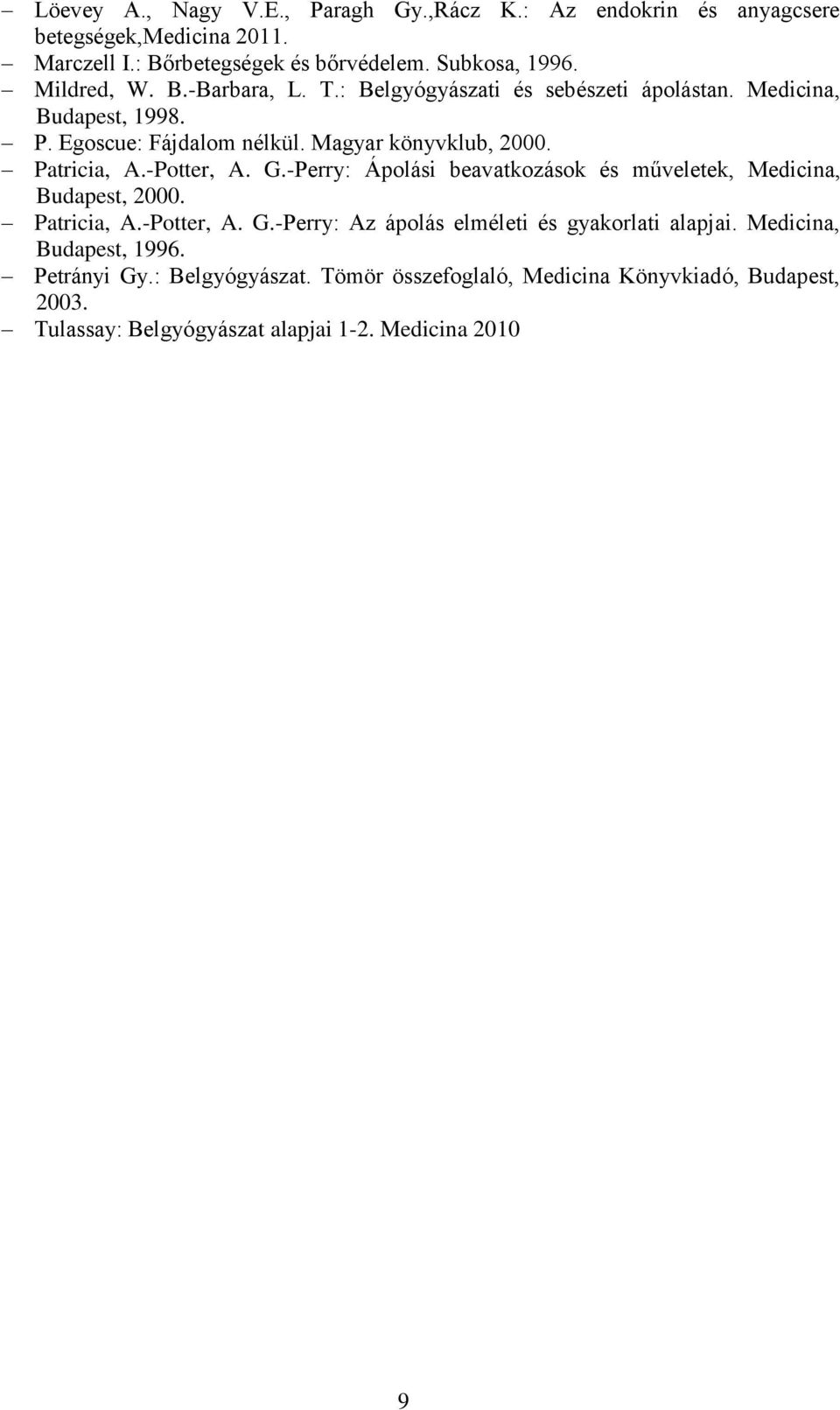 Patricia, A.-Potter, A. G.-Perry: Ápolási beavatkozások és műveletek, Medicina, Budapest, 2000. Patricia, A.-Potter, A. G.-Perry: Az ápolás elméleti és gyakorlati alapjai.