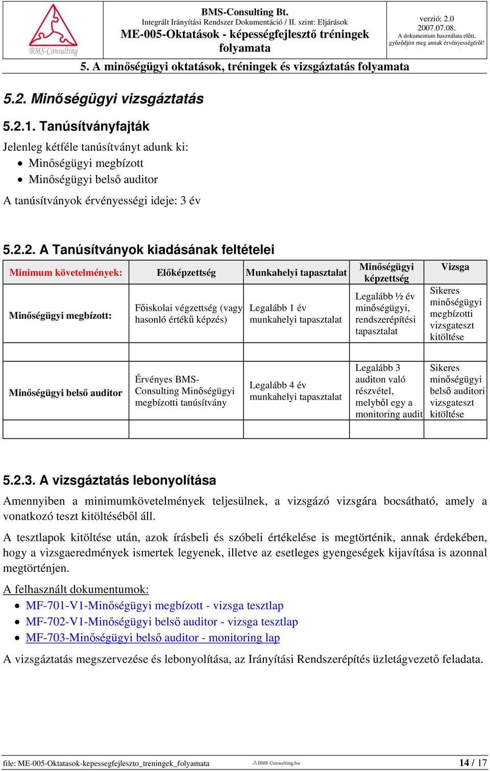 2. A Tanúsítványok kiadásának feltételei Minimum követelmények: Előképzettség Munkahelyi tapasztalat Minőségügyi megbízott: Főiskolai végzettség (vagy hasonló értékű képzés) Legalább 1 év munkahelyi