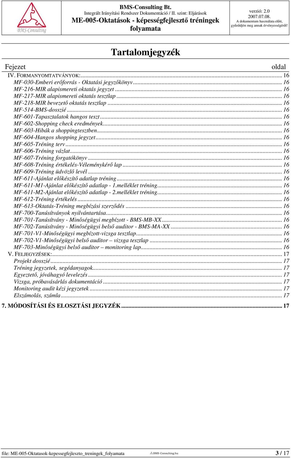 .. 16 MF-604-Hangos shopping jegyzet... 16 MF-605-Tréning terv... 16 MF-606-Tréning vázlat... 16 MF-607-Tréning forgatókönyv... 16 MF-608-Tréning értékelés-véleménykérő lap.
