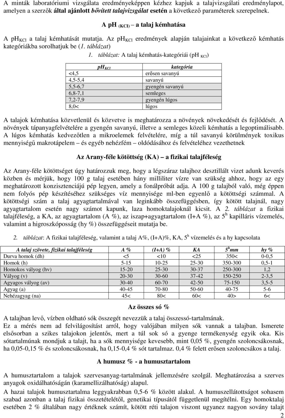 táblázat: A talaj kémhatás-kategóriái (ph KCl ) ph KCl kategória <4,5 erısen savanyú 4,5-5,4 savanyú 5,5-6,7 gyengén savanyú 6,8-7,1 semleges 7,2-7,9 gyengén lúgos 8,0< lúgos A talajok kémhatása