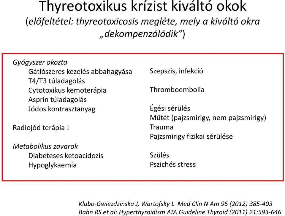 Metabolikus zavarok Diabeteses ketoacidozis Hypoglykaemia Szepszis, infekció Thromboembolia Égési sérülés Műtét (pajzsmirigy, nem pajzsmirigy) Trauma