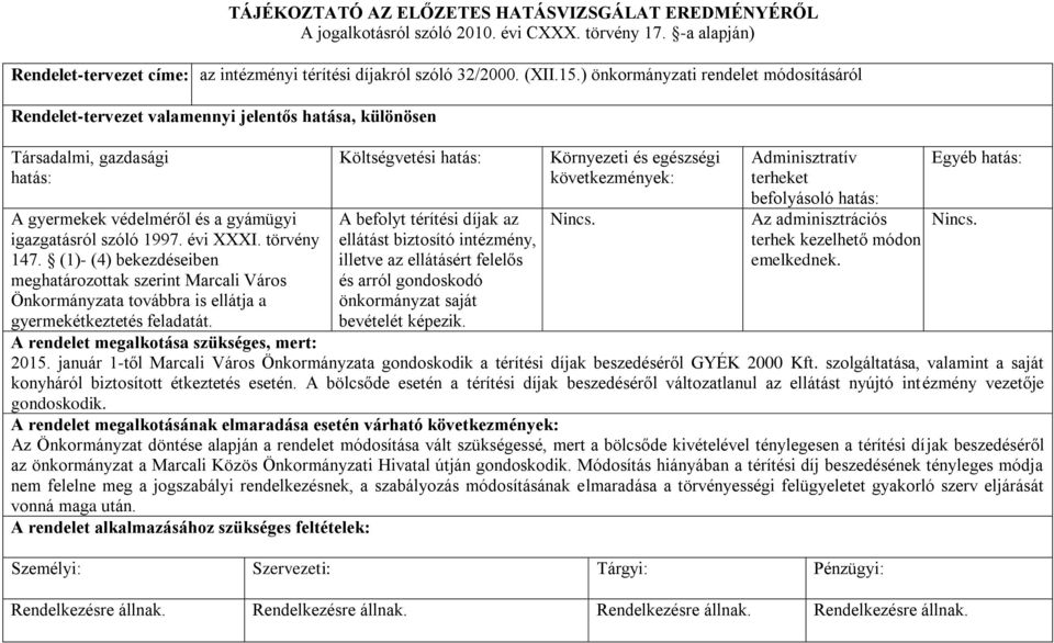 törvény 147. (1)- (4) bekezdéseiben meghatározottak szerint Marcali Város Önkormányzata továbbra is ellátja a gyermekétkeztetés feladatát.