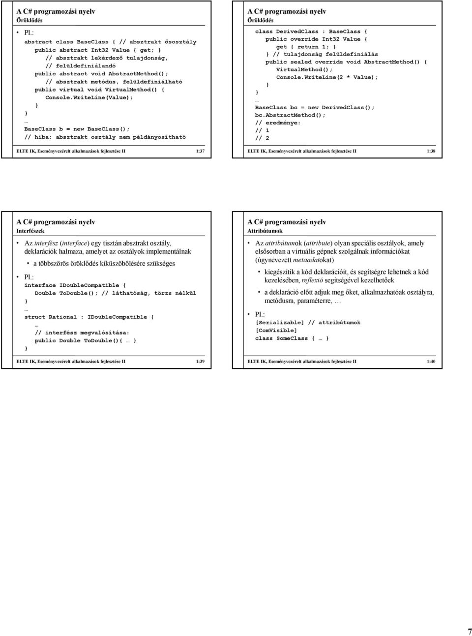 WriteLine(Value); BaseClass b = new BaseClass(); // hiba: absztrakt osztály nem példányosítható ELTE IK, Eseményvezérelt alkalmazások fejlesztése II 1:37 class DerivedClass : BaseClass { public