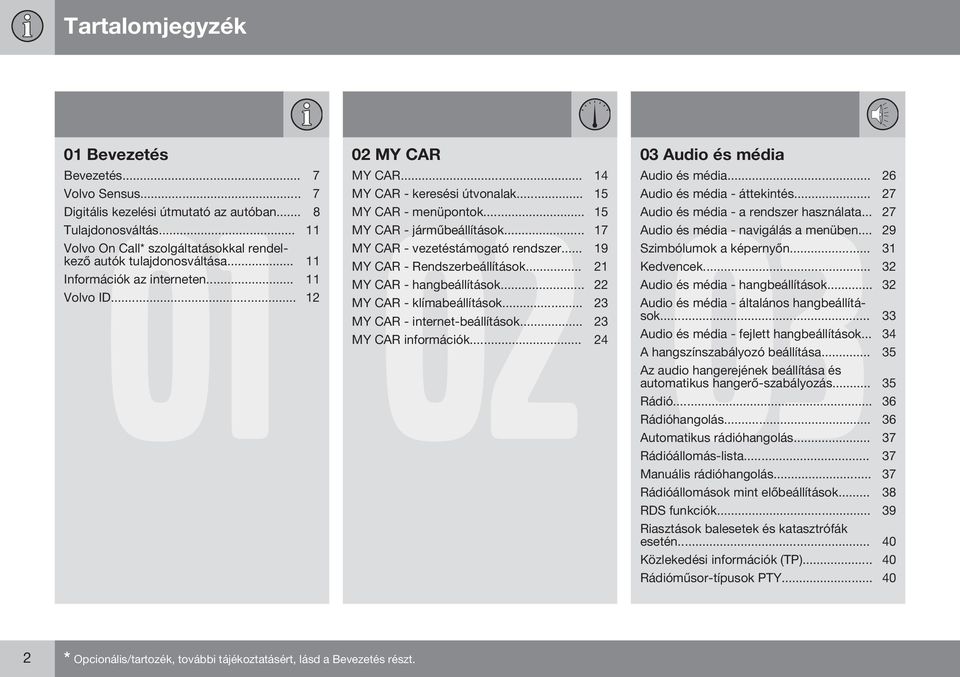 .. 27 MY CAR - menüpontok... 15 Audio és média - a rendszer használata... 27 MY CAR - járműbeállítások... 17 Audio és média - navigálás a menüben... 29 MY CAR - vezetéstámogató rendszer.