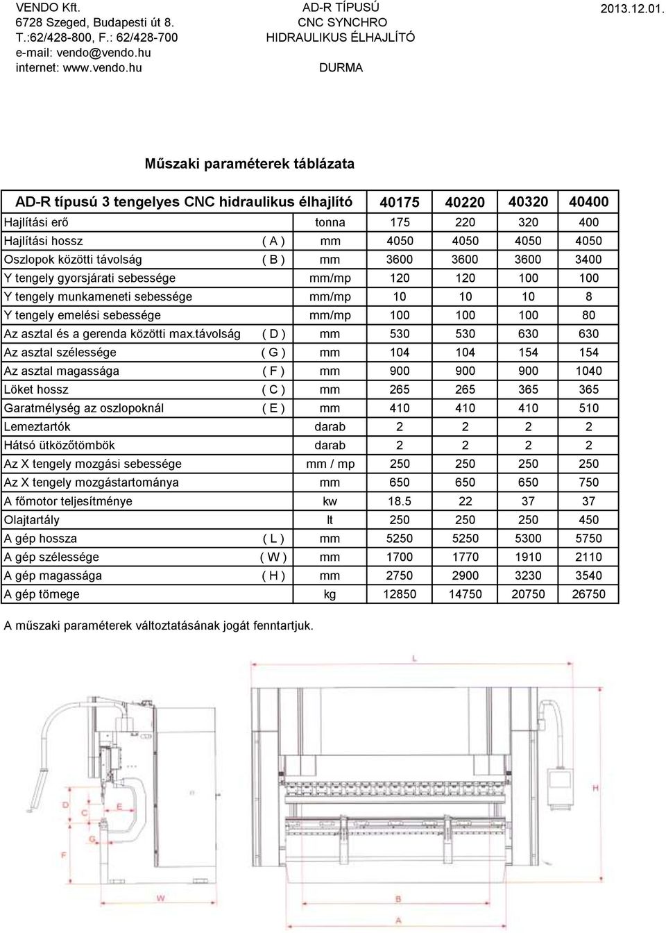 távolság ( D ) mm 530 530 630 630 Az asztal szélessége ( G ) mm 104 104 154 154 Az asztal magassága ( F ) mm 900 900 900 1040 Löket hossz ( C ) mm 265 265 365 365 Garatmélység az oszlopoknál ( E ) mm