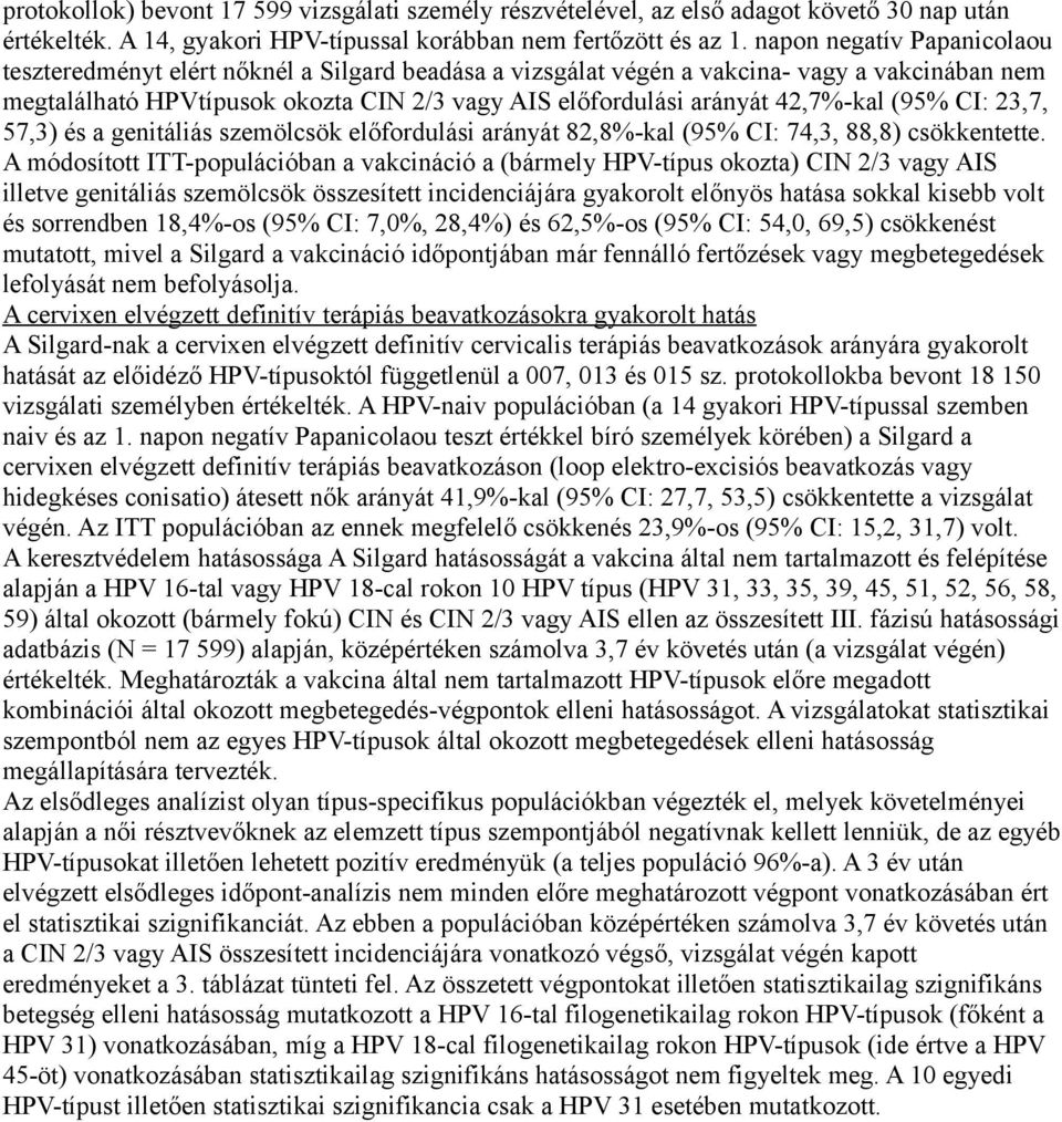 42,7%-kal (95% CI: 23,7, 57,3) és a genitáliás szemölcsök előfordulási arányát 82,8%-kal (95% CI: 74,3, 88,8) csökkentette.