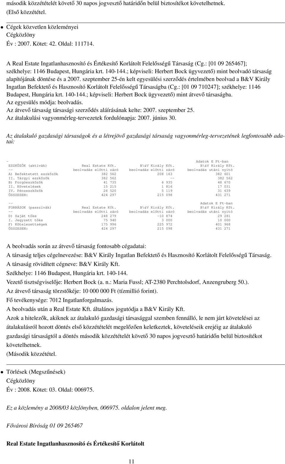 ; képviseli: Herbert Bock ügyvezető) mint beolvadó társaság alapítójának döntése és a 2007.
