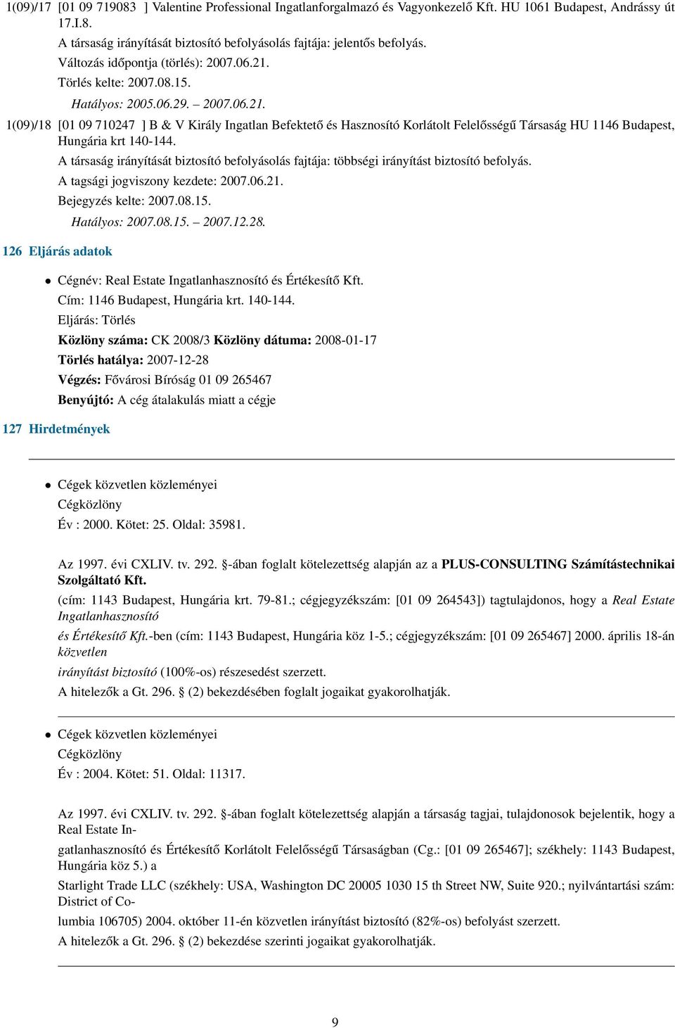 1(09)/18 [01 09 710247 ] B & V Király Ingatlan Befektető és Hasznosító Korlátolt Felelősségű Társaság HU 1146 Budapest, Hungária krt 140-144.