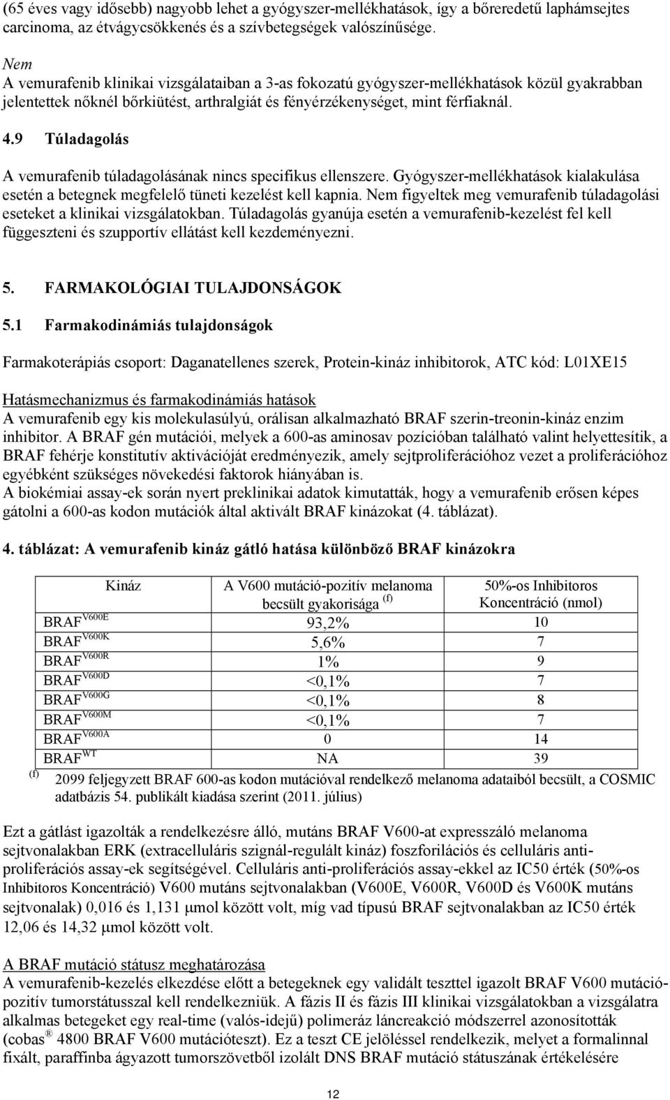 9 Túladagolás A vemurafenib túladagolásának nincs specifikus ellenszere. Gyógyszer-mellékhatások kialakulása esetén a betegnek megfelelő tüneti kezelést kell kapnia.