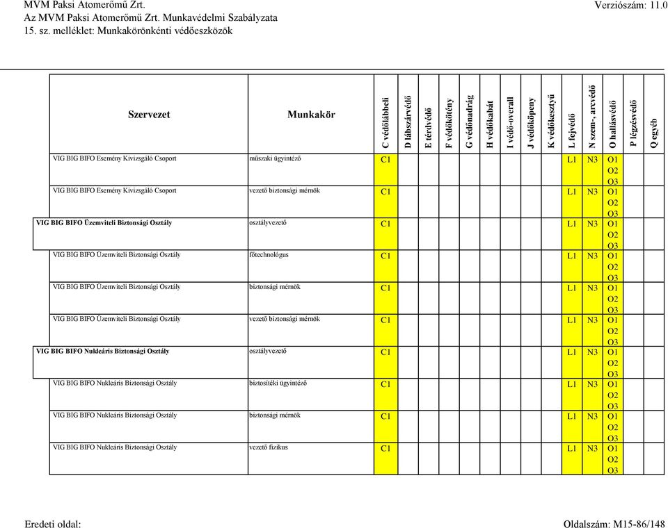 Üzemviteli Biztonsági Osztály vezető biztonsági mérnök C1 VIG BIG BIFO Nukleáris Biztonsági Osztály osztályvezető C1 VIG BIG BIFO Nukleáris Biztonsági Osztály