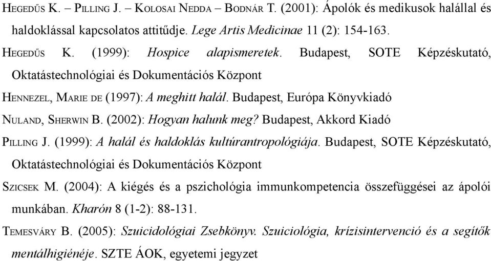 (2002): Hogyan halunk meg? Budapest, Akkord Kiadó PILLING J. (1999): A halál és haldoklás kultúrantropológiája. Budapest, SOTE Képzéskutató, Oktatástechnológiai és Dokumentációs Központ SZICSEK M.