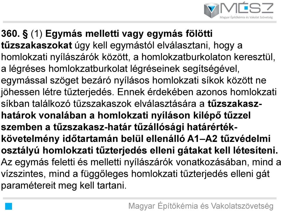 Ennek érdekében azonos homlokzati síkban találkozó tűzszakaszok elválasztására a tűzszakaszhatárok vonalában a homlokzati nyíláson kilépő tűzzel szemben a tűzszakasz-határ tűzállósági