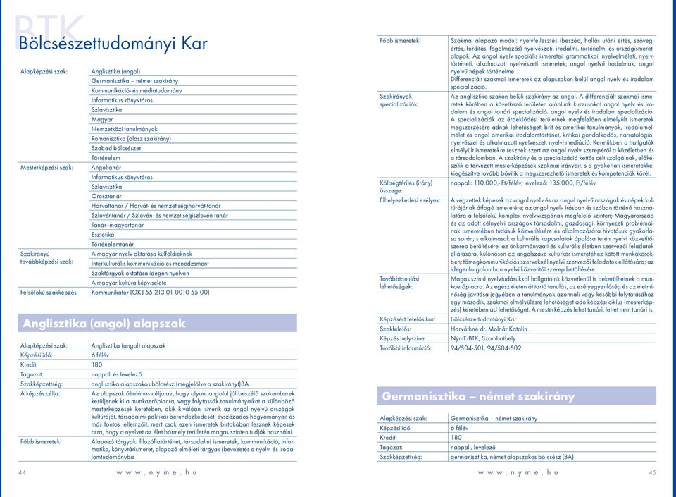 Szlovéntanár / Szlovén- és nemzetiségiszlovén-tanár Tanár magyartanár Esztétika Történelemtanár A magyar nyelv oktatása külföldieknek Interkulturális kommunikáció és menedzsment Szaktárgyak oktatása