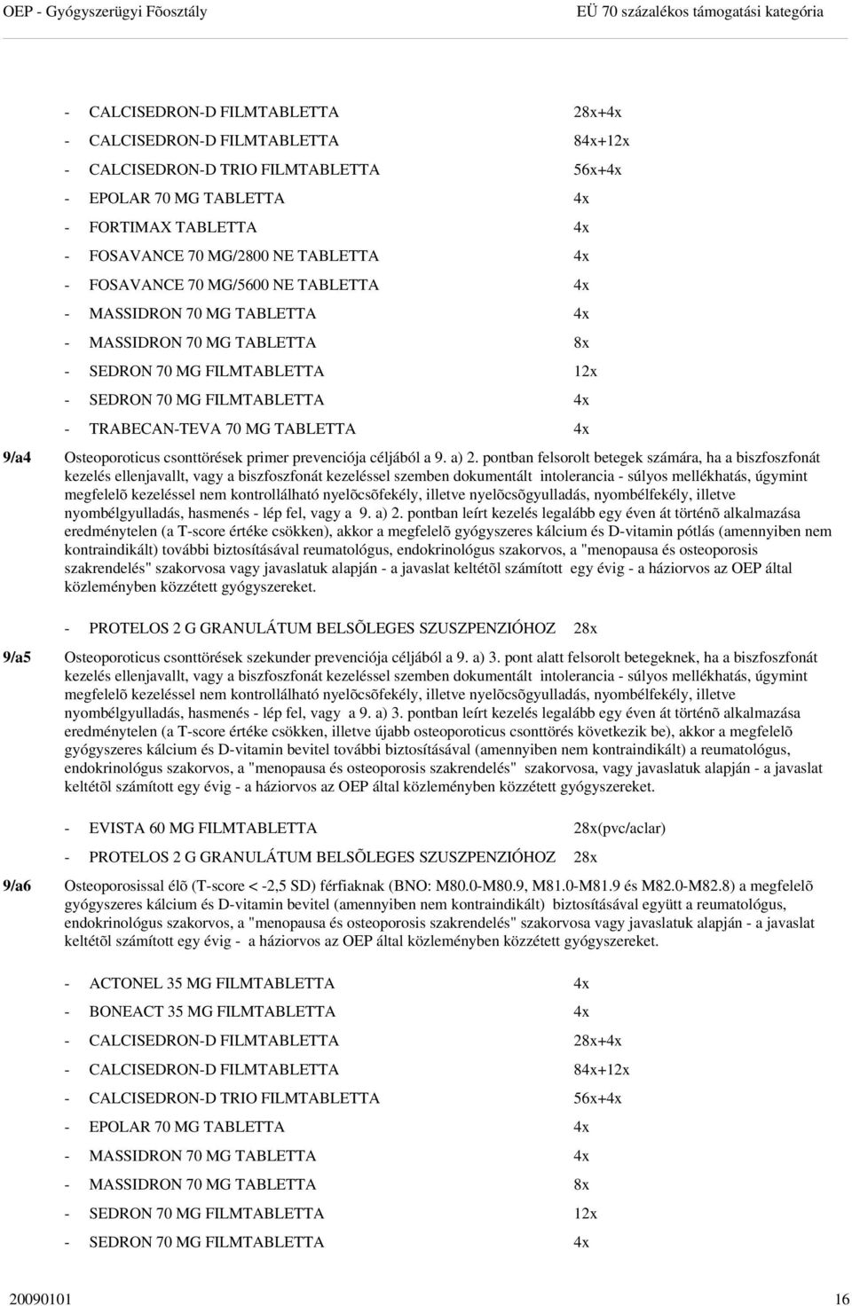 4x - TRABECAN-TEVA 70 MG TABLETTA 4x 9/a4 Osteoporoticus csonttörések primer prevenciója céljából a 9. a) 2.