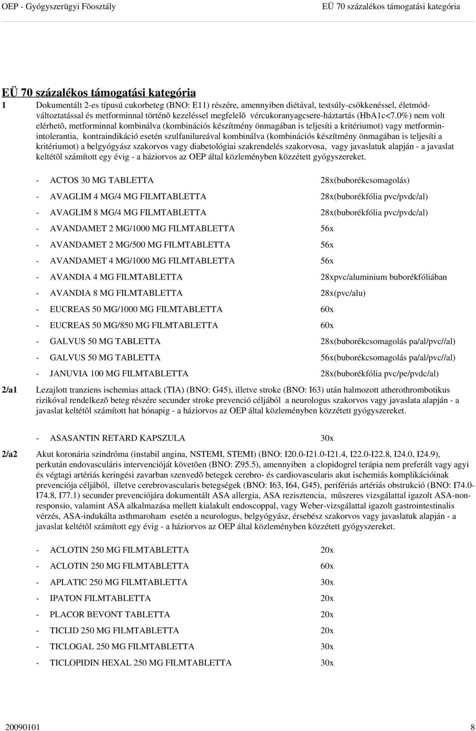 0%) nem volt elérhetõ, metforminnal kombinálva (kombinációs készítmény önmagában is teljesíti a kritériumot) vagy metforminintolerantia, kontraindikáció esetén szulfanilureával kombinálva