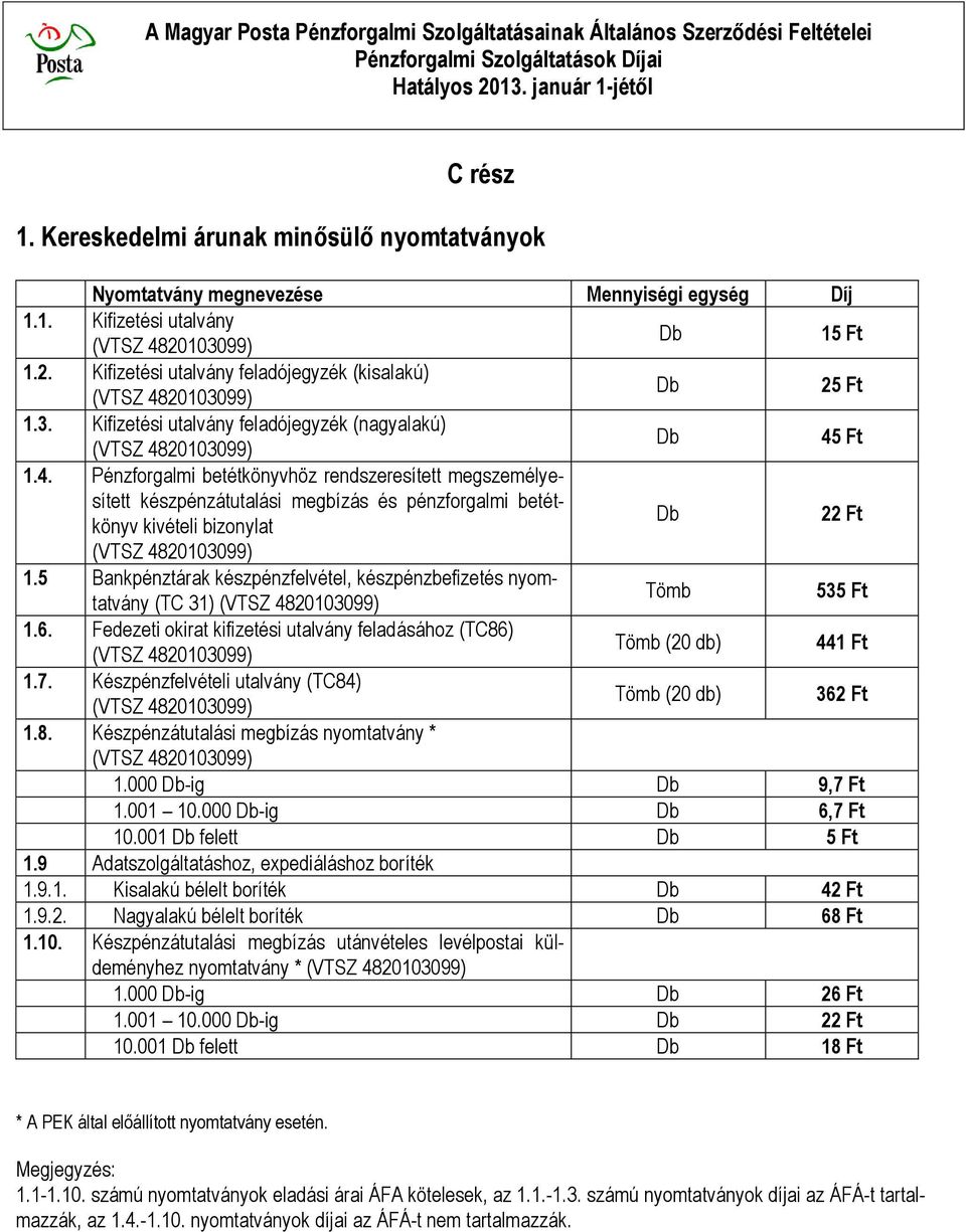 5 Bankpénztárak készpénzfelvétel, készpénzbefizetés nyomtatvány (TC 31) Tömb 535 Ft 1.6. Fedezeti okirat kifizetési utalvány feladásához (TC86) Tömb (20 db) 441 Ft 1.7.