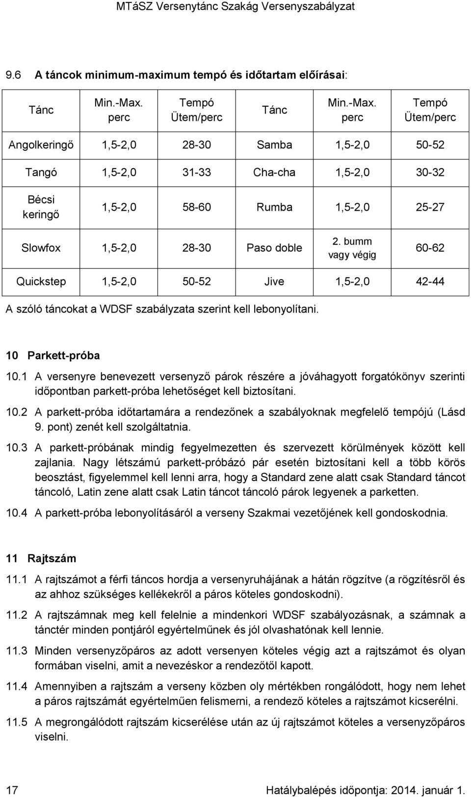 perc Tempó Ütem/perc Angolkeringő 1,5-2,0 28-30 Samba 1,5-2,0 50-52 Tangó 1,5-2,0 31-33 Cha-cha 1,5-2,0 30-32 Bécsi keringő 1,5-2,0 58-60 Rumba 1,5-2,0 25-27 Slowfox 1,5-2,0 28-30 Paso doble 2.