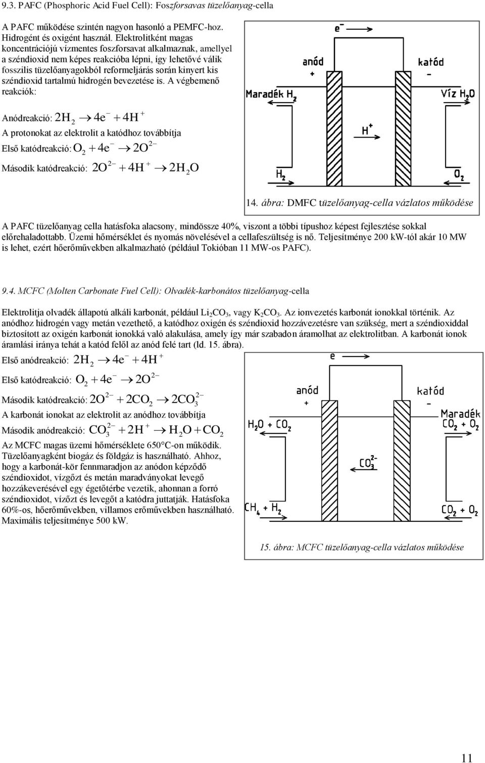 széndioxid tartalmú hidrogén bevezetése is. A végbemenő reakciók: H 4e 4H Anódreakció: A protonokat az elektrolit a katódhoz továbbítja Első katódreakció: Második katódreakció: O 4e O 4 O H H O 14.