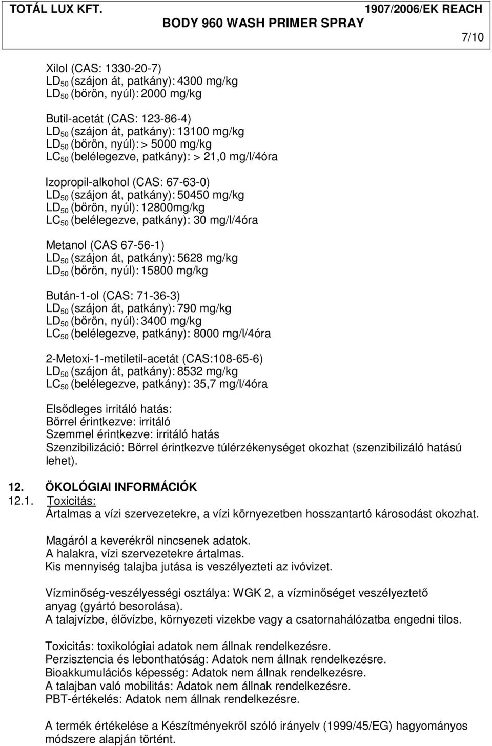 mg/l/4óra Metanol (CAS 67-56-1) LD 50 (szájon át, patkány): 5628 mg/kg LD 50 (bırön, nyúl): 15800 mg/kg Bután-1-ol (CAS: 71-36-3) LD 50 (szájon át, patkány): 790 mg/kg LD 50 (bırön, nyúl): 3400 mg/kg