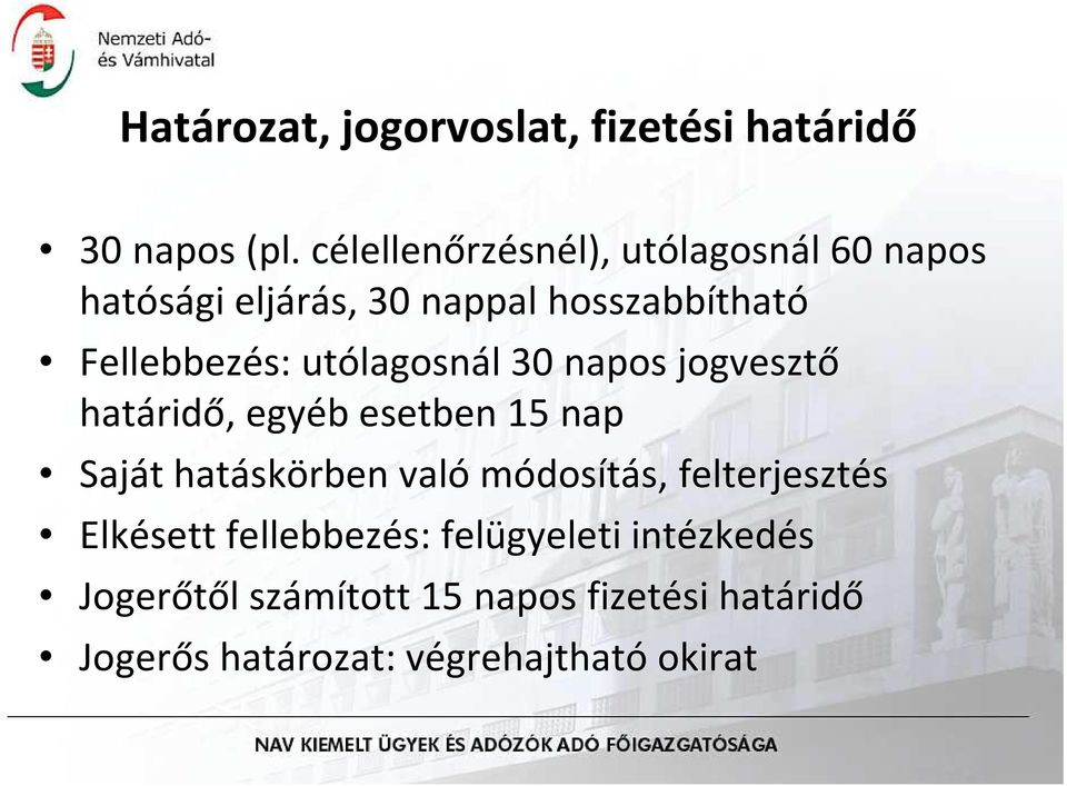 utólagosnál 30 napos jogvesztő határidő, egyéb esetben 15 nap Saját hatáskörben való módosítás,