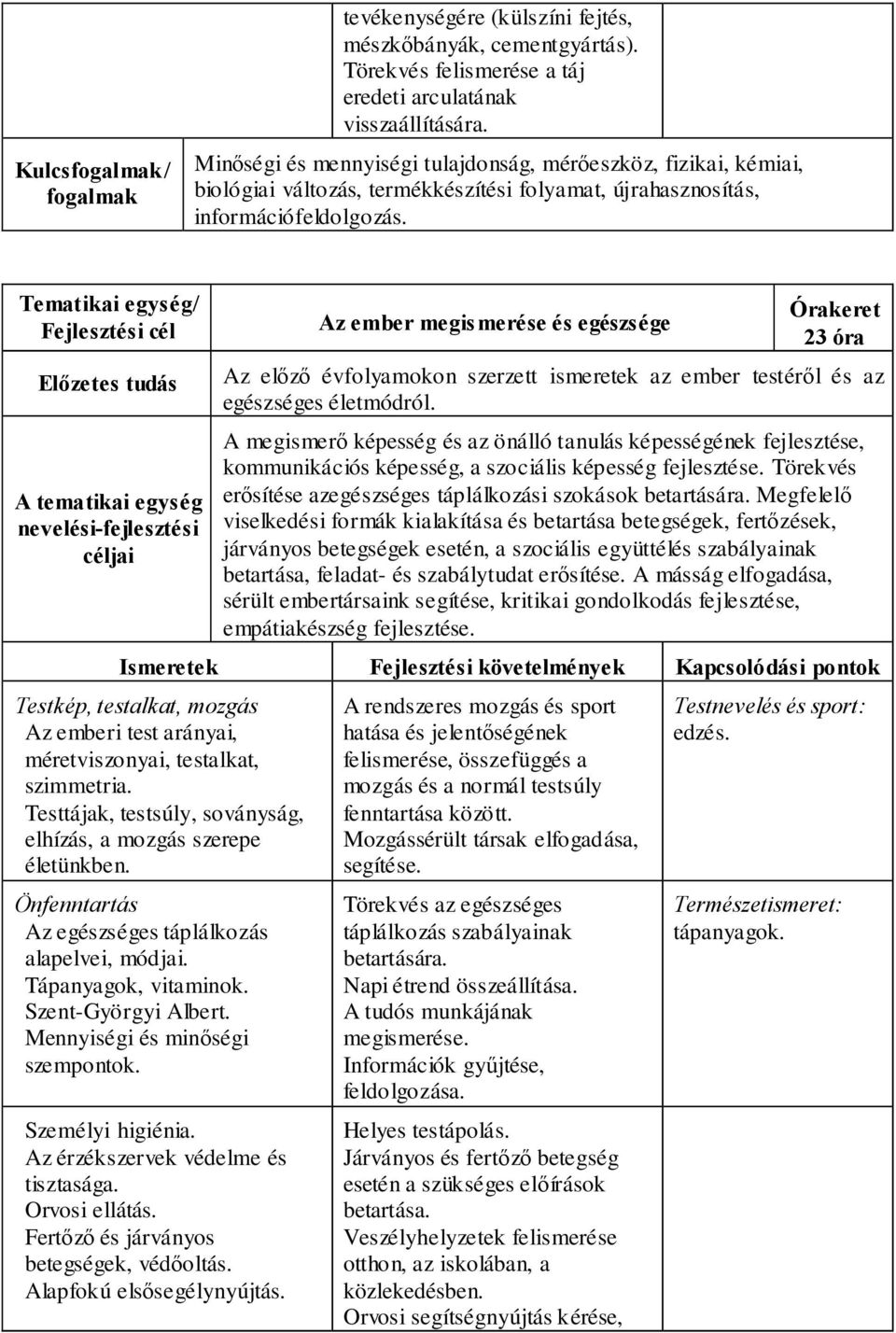 Tematikai egység/ Az ember megis merése és egészsége 23 óra Az előző évfolyamokon szerzett ismeretek az ember testéről és az egészséges életmódról.